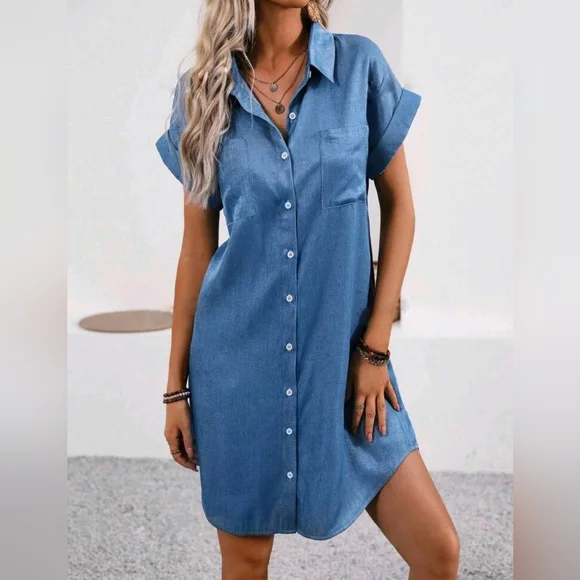 NEW Chic Button Down Shirt Dress Chambray Denim Blue - Picture 2 of 7